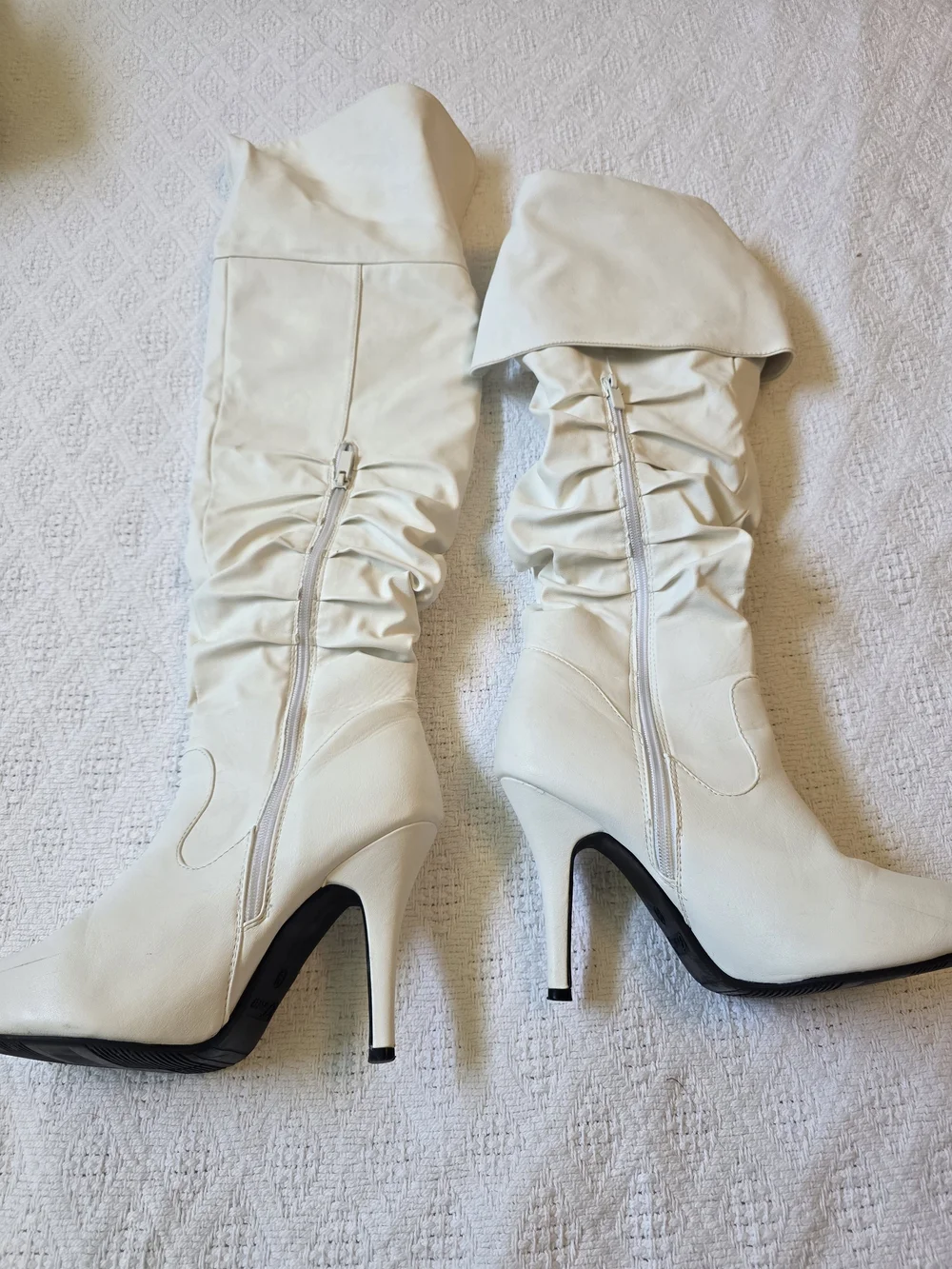 Forever 21 Cream Over-the-Knee Stiletto Fold-Over Boots